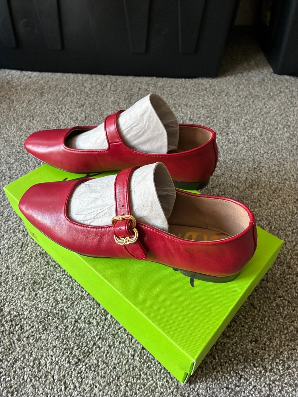 Sam Edelman Red Leather Mary Jane Flats with Gold Buckle